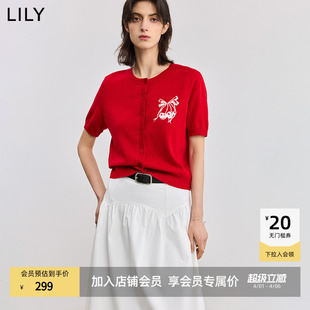 小上衣轻薄短袖 LILY2026新款 女装 甜美樱桃圆领红色短款 针织开衫