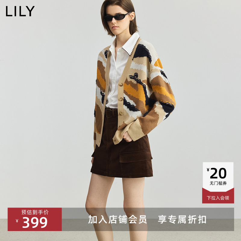 LILY撞色雅丹提花复古针织开衫