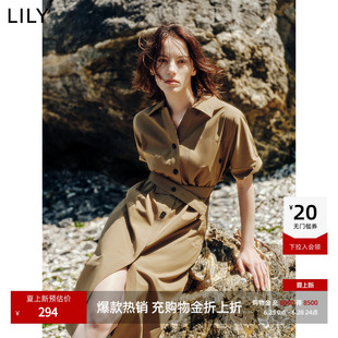 【商场同款】LILY2025新款复古工装风休闲翻领收腰连衣裙女长裙