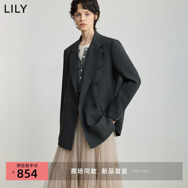 【商场同款】LILY2025秋新款女装复古老钱风宽肩廓形深色西装外套