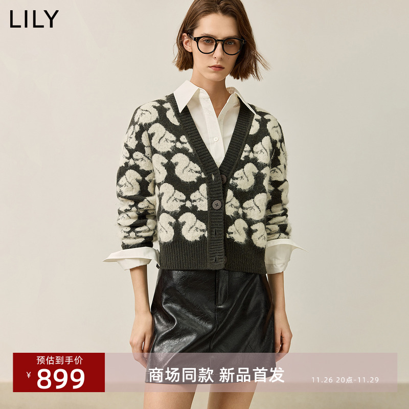 【商场同款】LILY2024冬新款女装老花松鼠满印百搭V领针织开衫女