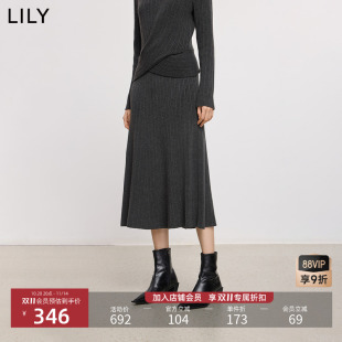 LILY2025冬新款 含羊毛格雷系气质通勤深色针织半身裙百褶裙女长裙