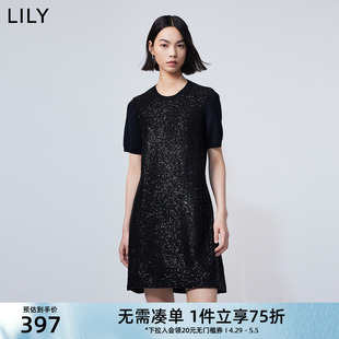 女装 LILY2024春新款 别致珠片气质通勤都市显瘦连衣裙小黑裙小个子