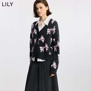 LILY2025冬新款女装含羊毛设计感撞色蝴蝶结V领针织开衫外套毛衣