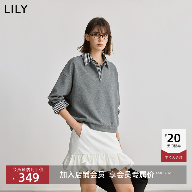 LILY格纹设计感假两件学院风卫衣
