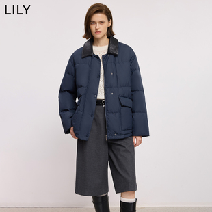 LILY2025冬新款老钱风拼接翻领90鸭绒泡芙藏青色羽绒服外套女短款