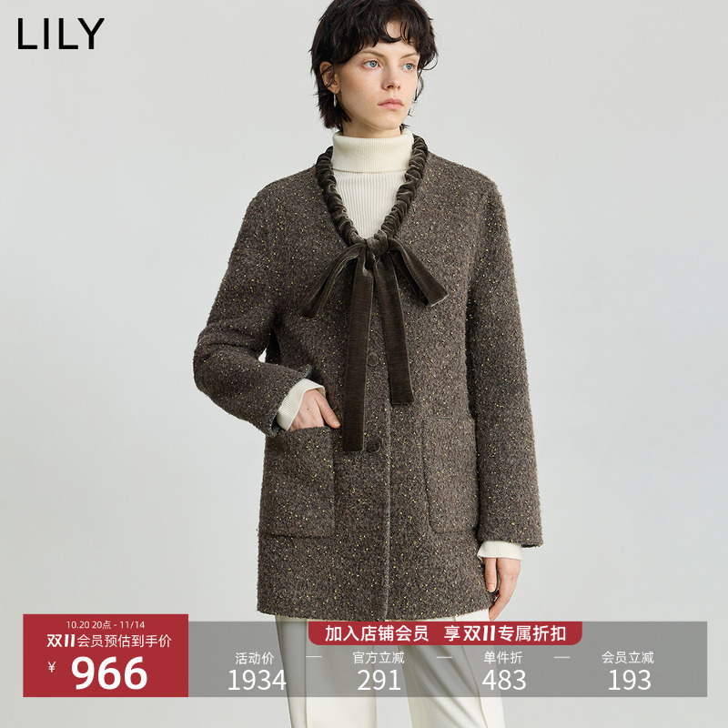 LILY2025冬新款女装羊毛羊驼毛混纺复古飘带领亮片双面呢毛呢外套
