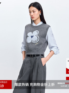 LILY2026春新款女装羊毛混纺格雷系幸运花嵌花灰色针织衫背心马甲