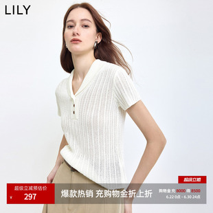 LILY2026夏新款女装莱赛尔亚麻混纺小翻领V领修身纯色短袖针织衫