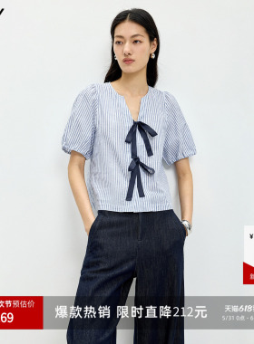 LILY2026夏新款女装棉麻混纺法式V领条纹蝴蝶结气质通勤短袖衬衫