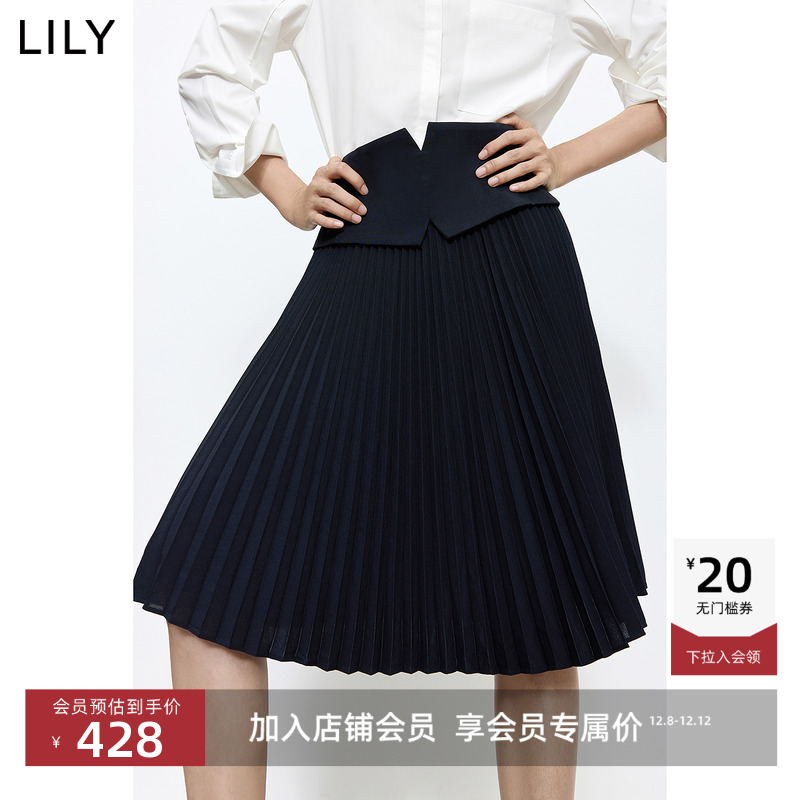 LILY通勤高腰藏青色半身百褶裙