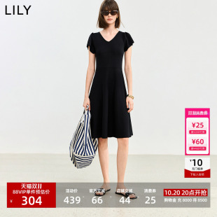 LILY2026夏新款莱赛尔混纺复古V领收腰气质通勤短袖黑色连衣裙女