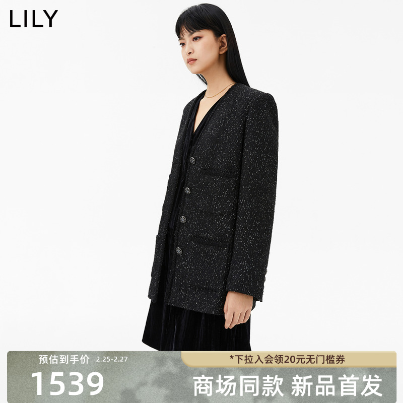 【商场同款】LILY2024春新款女装含绵羊毛复古小香风黑色短外套女