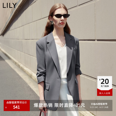 LILY2026夏新款复古经典竖条纹驳领七分袖修身收腰西装外套女西服