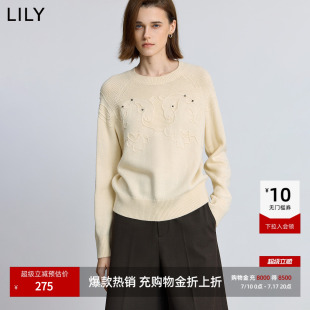 LILY2025冬新款女装羊毛混纺软糯生肖马亮钻链条绣加厚针织衫毛衣