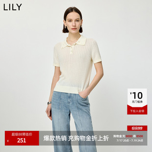LILY2026夏新款女装含莱赛尔亚麻经典老钱风POLO领绞花短袖针织衫
