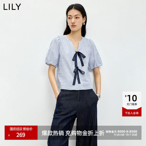 LILY通勤蝴蝶结棉麻短袖混纺衬衫
