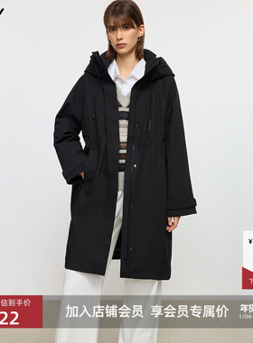 LILY2025冬新款含羊毛醋酸抽绳连帽宽松通勤黑色羽绒服外套女长款