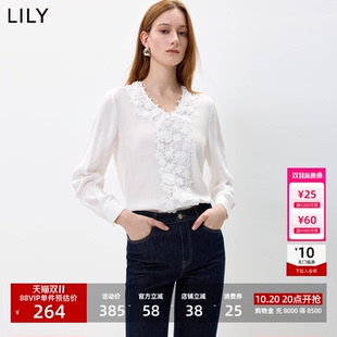 LILY2026秋新款法式镂空蕾丝立体钩花V领气质通勤套头衫雪纺衫女