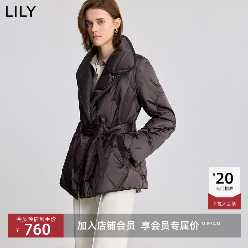 LILY鸭绒收腰菱格高领羽绒服外套