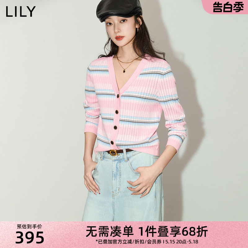 LILY2024夏新款女装设计感撞色条纹气质修身短款针织开衫外套上衣