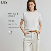 LILY2025新款 针织衫 女装 含绵羊毛简约休闲圆领百搭通勤白色短袖