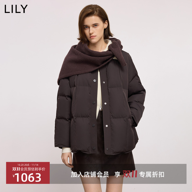 LILY2025冬新款女装含桑蚕丝复古含围巾圆领宽松90鸭绒羽绒服外套