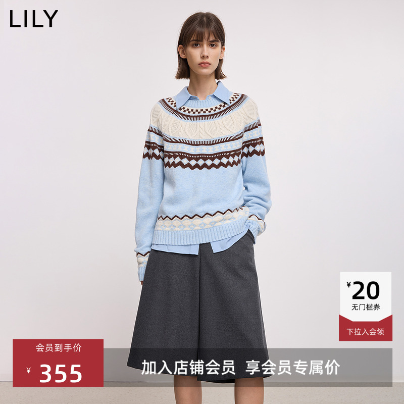 LILY费尔岛提花圆领套头针织衫
