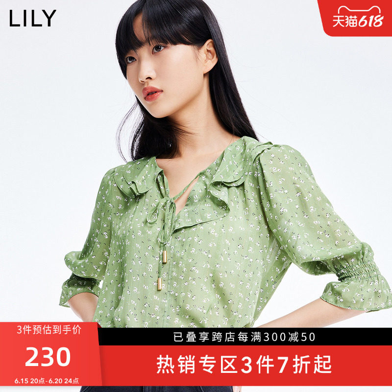 LILY夏新款女装气质木耳边飘带领宽松垂感长袖印花雪纺衬衫