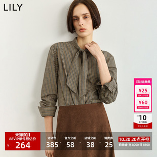 LILY2026冬新款复古学院风系带领格纹正肩休闲通勤长袖衬衫外套女