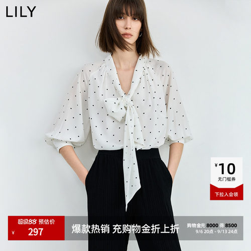 LILY通勤七分袖法式波点雪纺衫