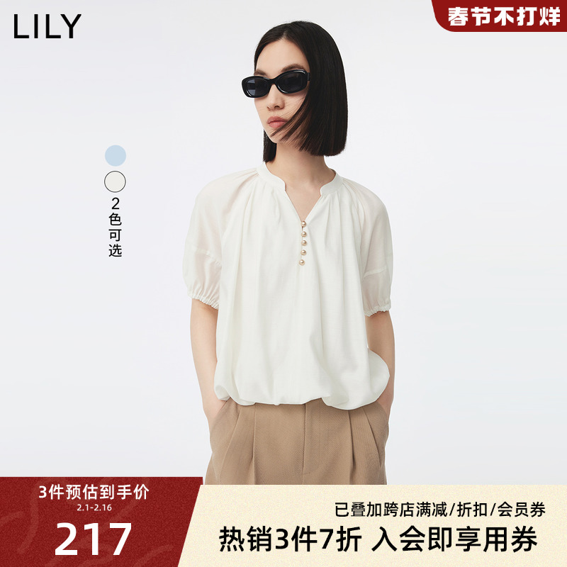 LILY2023秋新款女装垂感醋酸别致复古优雅气质通勤宽松短雪纺衬衫