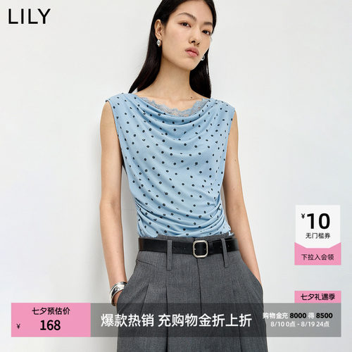 LILY荡领莫代尔波点收腰无袖T恤