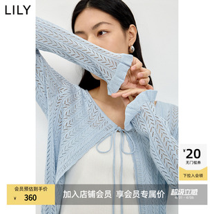 罩衫 LILY2026夏新款 针织开衫 蓝色长袖 女装 莱赛尔亚麻混纺系带薄款