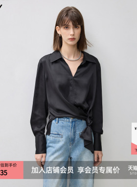 【商场同款】LILY新款微光泽优雅翻领V领百搭通勤黑色衬衫