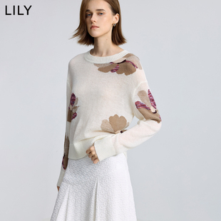 LILY2025冬新款女装含羊毛马海毛撞色花卉提花套头圆领针织衫毛衣