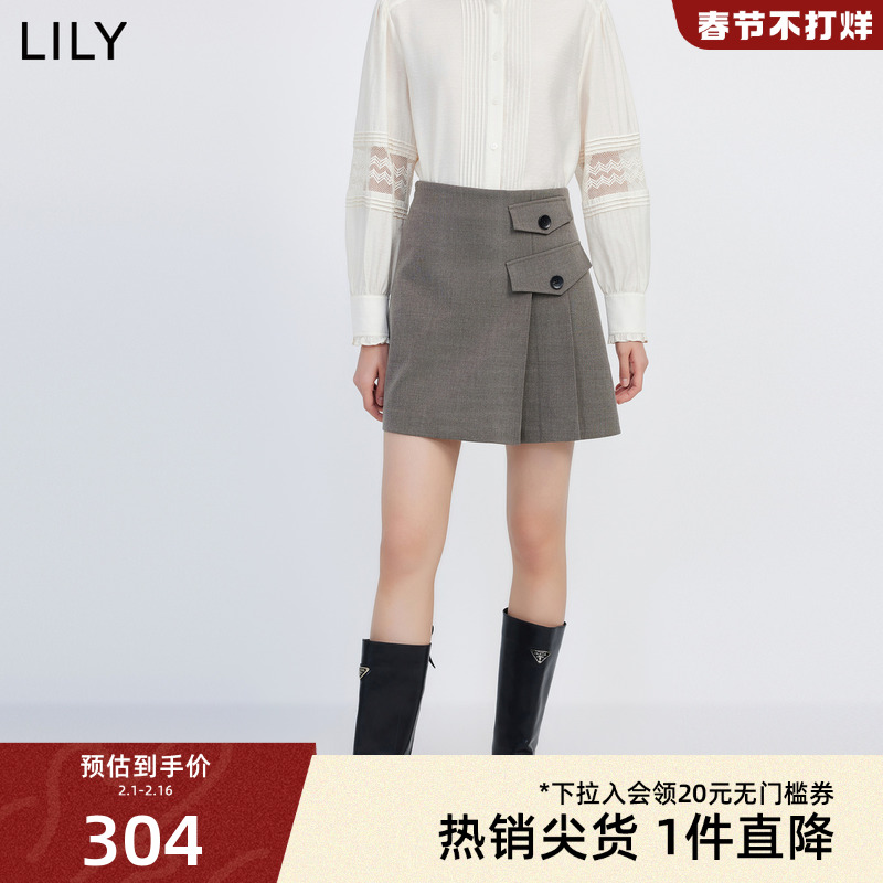 LILY2024春新款女装学院风减龄不对称百褶裙裤高腰A字半身裙短裙