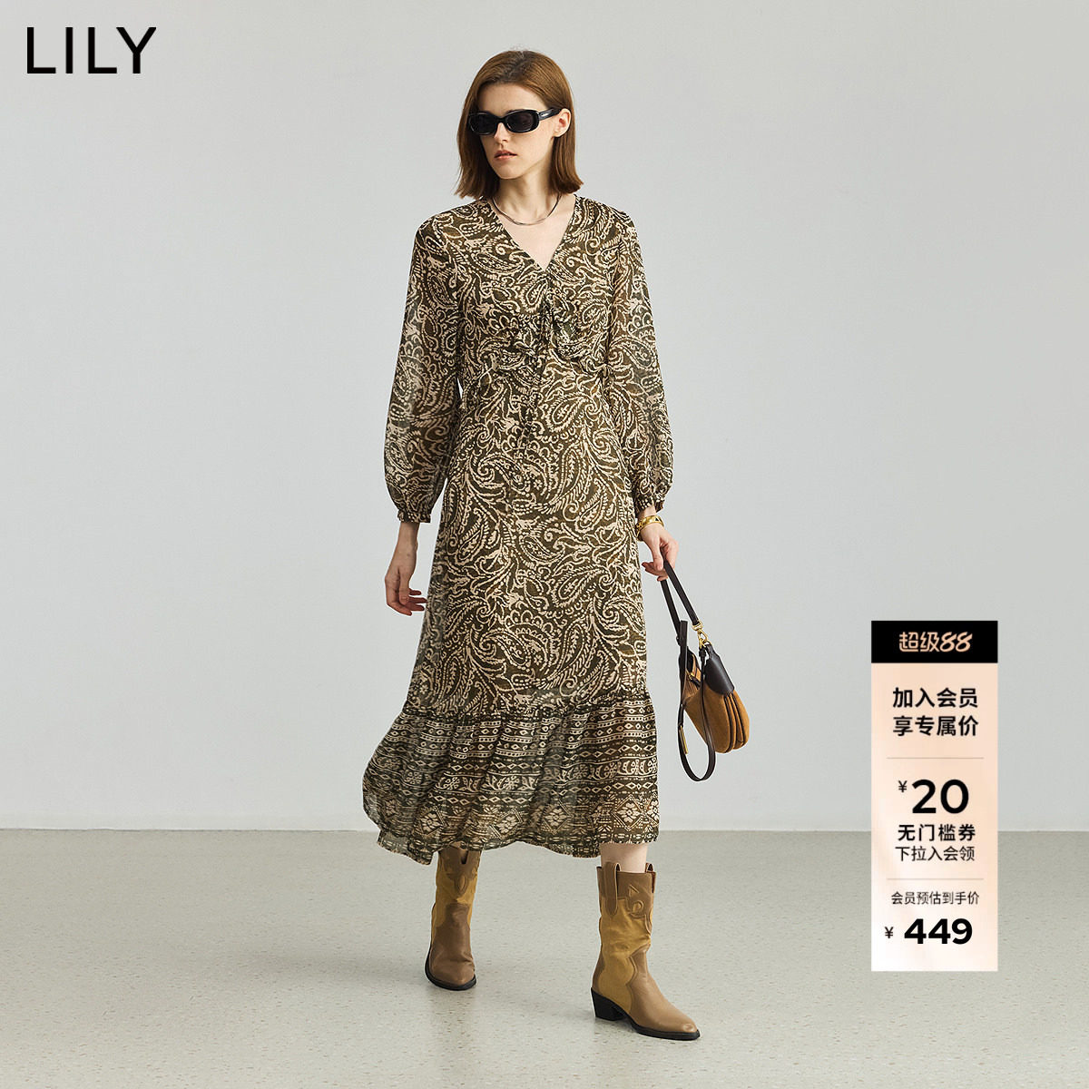 【商场同款】LILY2025新款复古卷草纹V领收腰长袖雪纺连衣裙