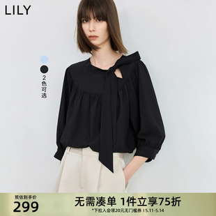 新品 法式 飘带领设计感抽褶泡泡袖 LILY2024夏季 七分袖 宽松雪纺衫