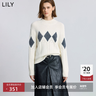 LILY2025冬新款女装极简风菱格不规则绞花重工加厚套头针织衫毛衣