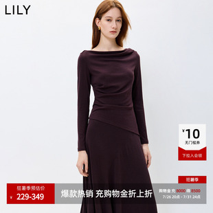 LILY2026秋新款女装复古一字领荡领抽褶收腰休闲通勤修身深色T恤
