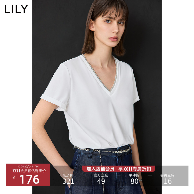 LILY新款V领假两件休闲百搭T恤