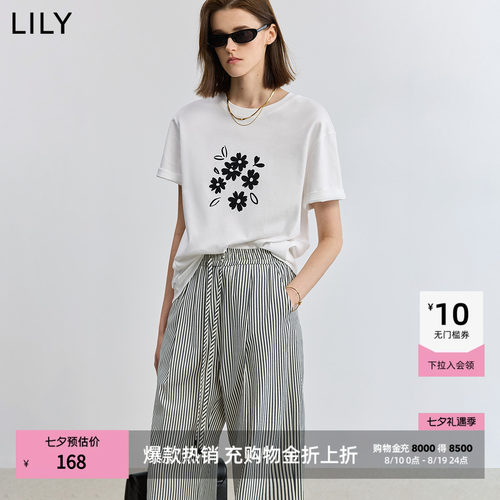 LILY2026夏新款简约洋甘菊印花图案宽松休闲百搭通勤圆领短袖T恤