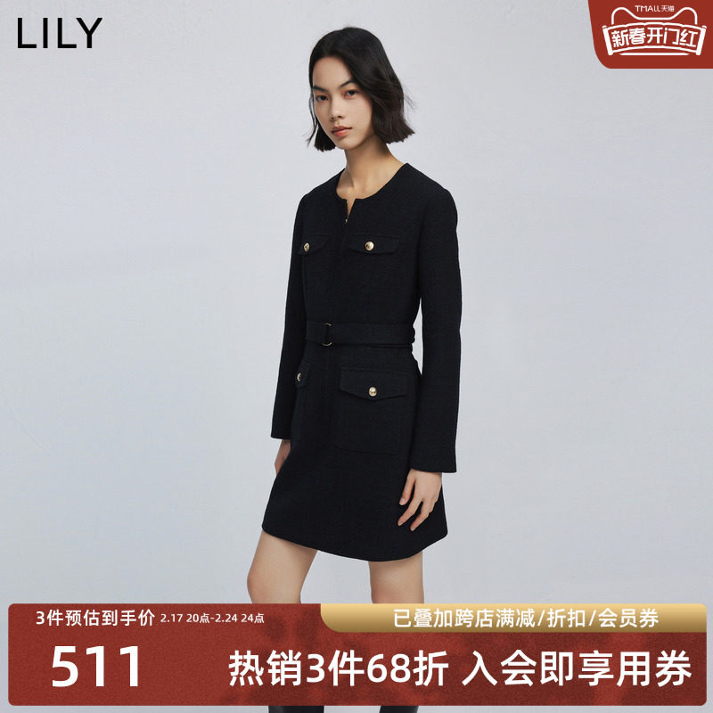 LILY2024春新款女装气质通勤款复古小香风显瘦短款连衣裙小黑裙女