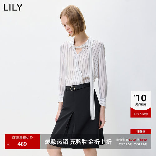 LILY2026秋新款女装莱赛尔混纺垂感条纹不对称飘带领白色衬衫外套