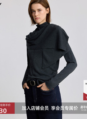 LILY2025冬新款女装格雷系半高领含围巾休闲灰色长袖针织衫打底衫