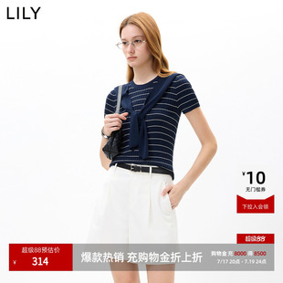 LILY2026秋新款女装莱赛尔醋酸混纺撞色条纹含披肩通勤短袖针织衫