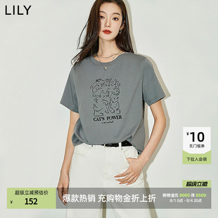 LILY2026夏新款女装复古小猫宽松休闲圆领百搭通勤短袖T恤上衣