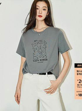 【呼吸TEE】LILY2026夏新款女装复古小猫宽松圆领独特通勤短袖T恤