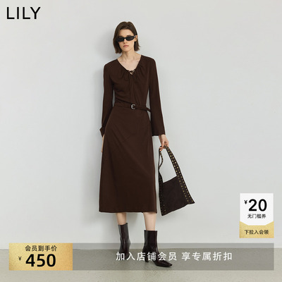 LILY薄款天丝咖色长袖通勤连衣裙